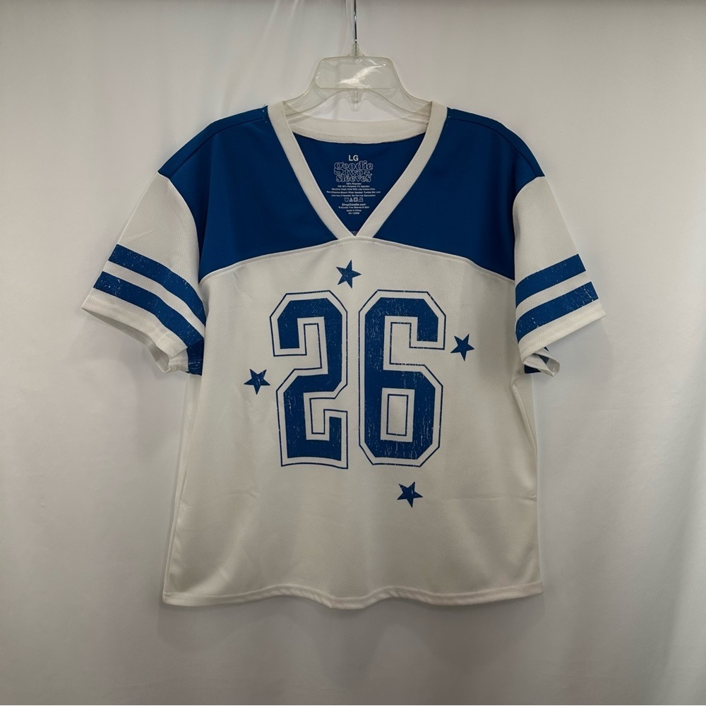 Goodie Two Sleeves T-Shirt Size Large Short Sleeve White Blue Polyester